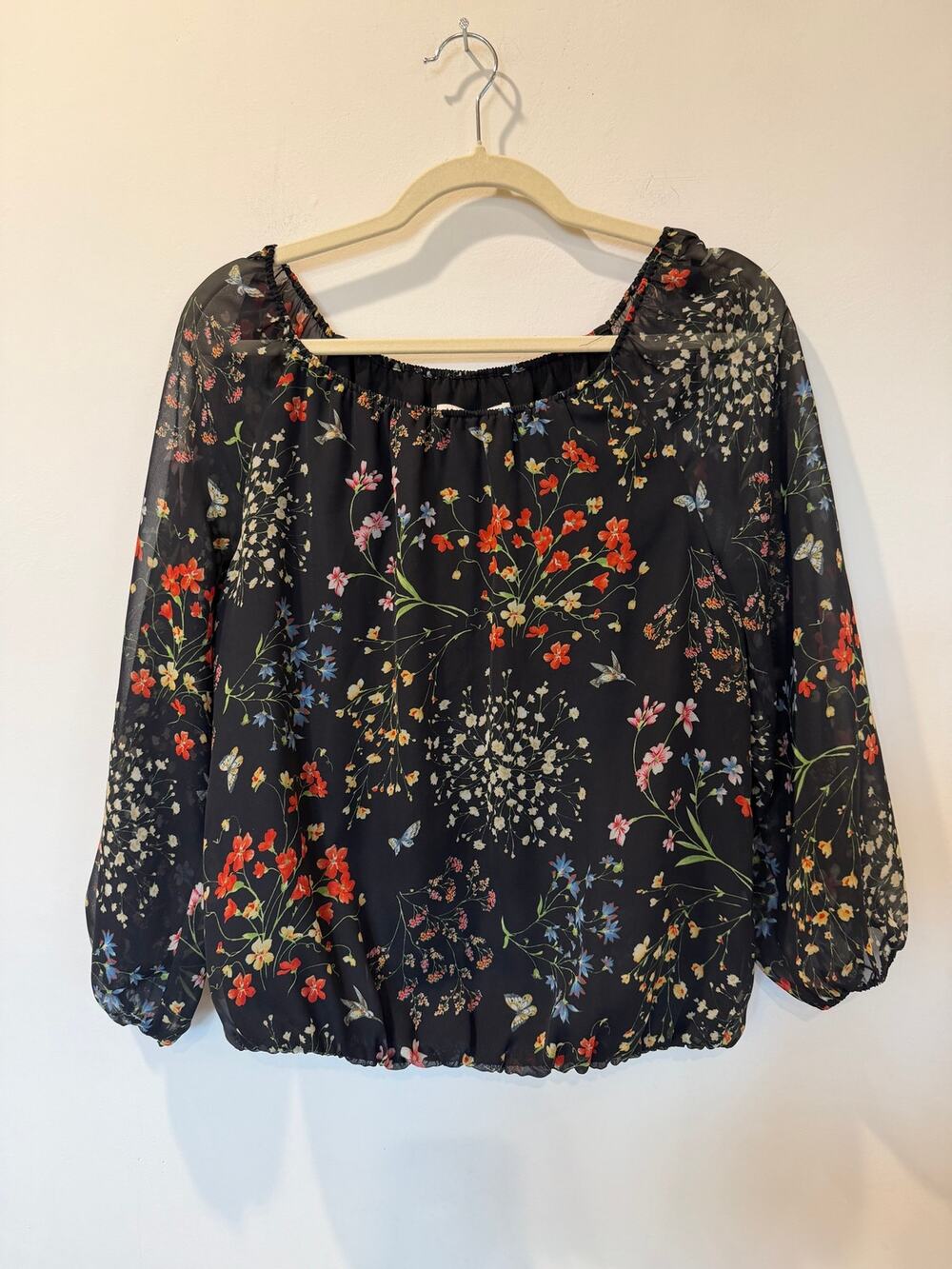 Alice+Olivia M Alta Floral Peasant Blouse Sheer Chiffon Off Shoulder Top Black